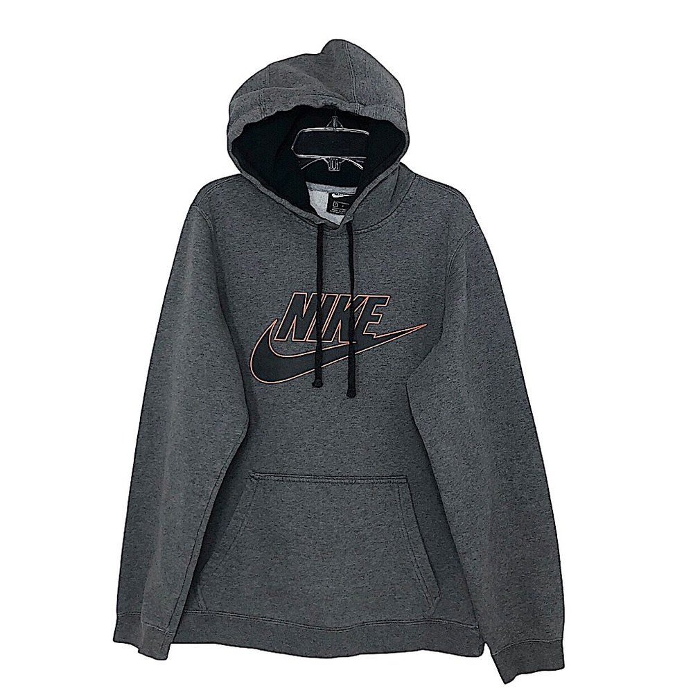 Nike Men's Grey Neon Orange Swoosh Sportswear Futura Logo Hoodie Sweatshirt S